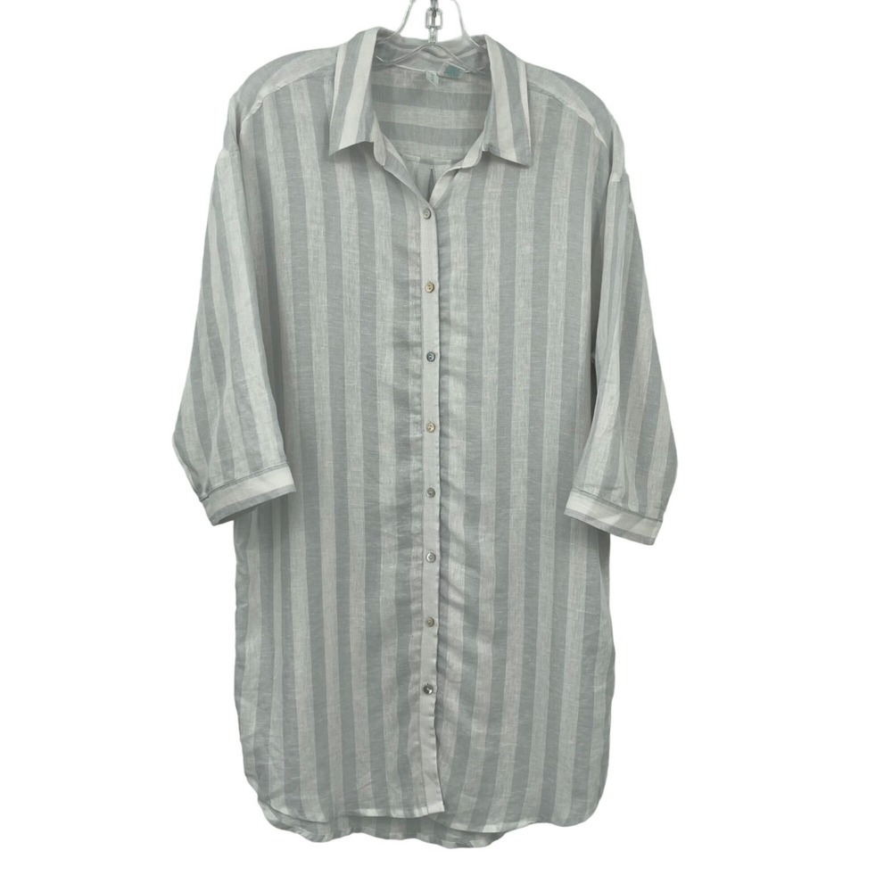 Cynthia Rowley Buttonโ Down Tunic Womens Medium Grey White Striped Linen Blend